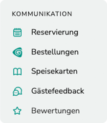 Backend Menu Kommunikation - Reservierung - Bestellungen - Speisekarten - Gästefeedback - Bewertungen