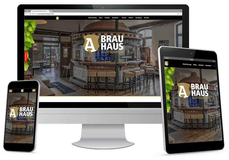 Stationärer Bildschirm, ein Tablet und ein Smartphonedisplay mit der Anzeige der Startseite vom Brauhaus Aloysianum als Beispiel einer Webseite von Gastro.Digital