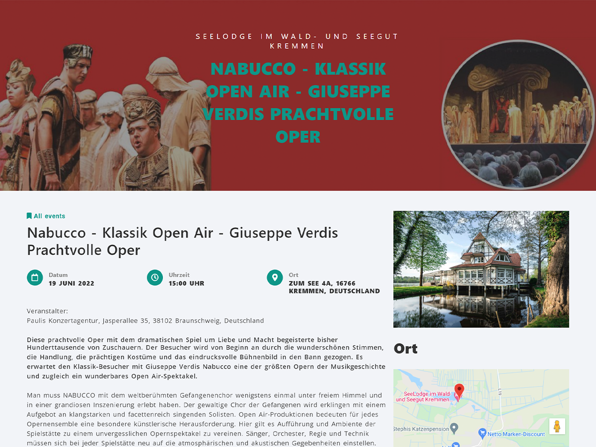 Beispielhafter Ticketshop Vorschau - 'Klassik Open Air' Veranstaltung mit Beschreibungstext, Bildern und Google Maps Standort